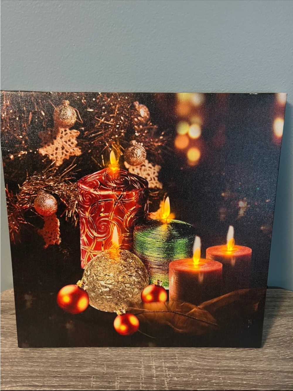 Holiday Flickering Light Candle and Ornament Canvas Wall Art - Red, Green & Gold